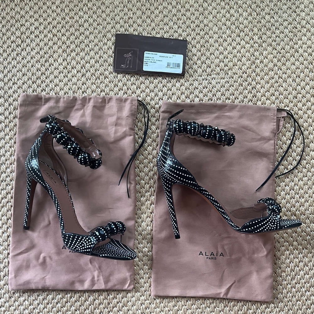 Alaïa Bombe Studded Leather Ankle-Strap Heel Sandal Black White Polka Dot 39.5
